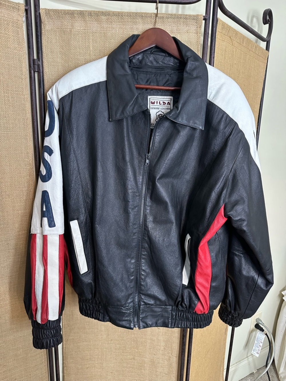 Wilda Black Leather Bomber Jacket with White and Red Accents